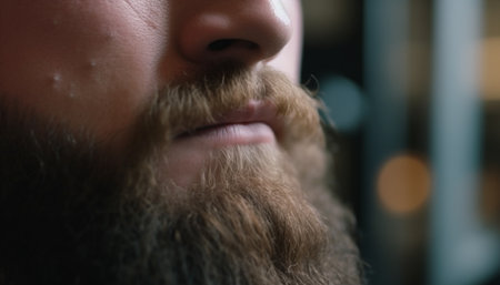 A close-up shot of a man's face with a full beard. The focus is on the beard and mustache, showing the detail and texture of the hair. The man's face is partly visible, with a hint of a thoughtful expression.の写真素材