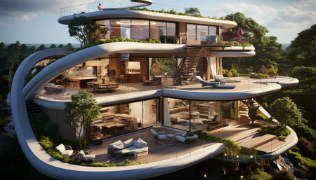A futuristic home with a modern, organic design, featuring curved lines, glass windows, and a green...