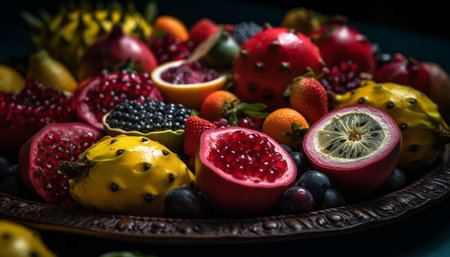 A captivating still life featuring an assortment of exotic fruits arranged on a rustic plate. The vibrant hues and textures of the fruits create a visually stunning composition, inviting the viewer to indulge in a feast for the senses.の写真素材