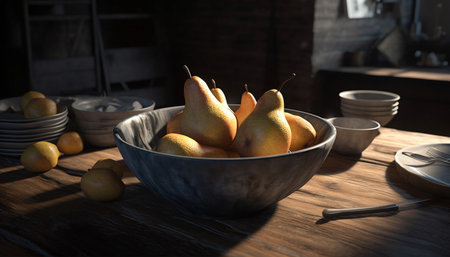 A bowl of ripe pears on a rustic wooden table, still life with natural light and a touch of kitchen ambiance.の写真素材