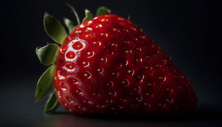 A close-up shot of a single, ripe strawberry with a dark background. The strawberry is in focus, showing its bright red color, juicy texture, and tiny seeds.の写真素材