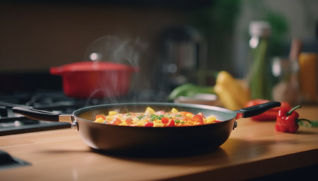 A pan of vegetables frying on the stovetop. Steam rising from the pan. Red pepper in the background.の写真素材