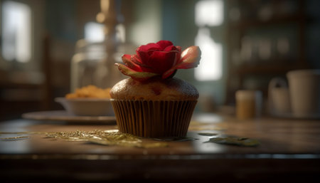 A single cupcake adorned with a red rose sits on a rustic wooden table. The cupcake is a symbol of sweetness and indulgence.の写真素材