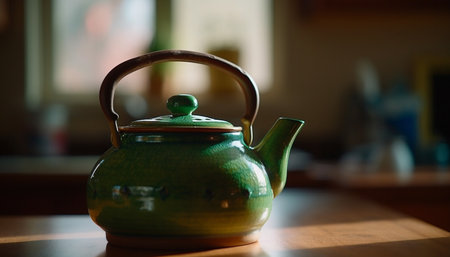 A close-up shot of a green teapot on a wooden table, with a warm light shining on it.の写真素材