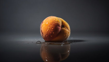 A close-up photograph of a single peach with water drops on it. The peach is set against a gray background, with its reflection in the water droplets.の写真素材