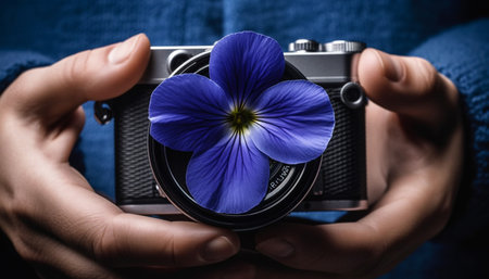 A close-up of a vintage camera with a vibrant purple flower placed over the lens.