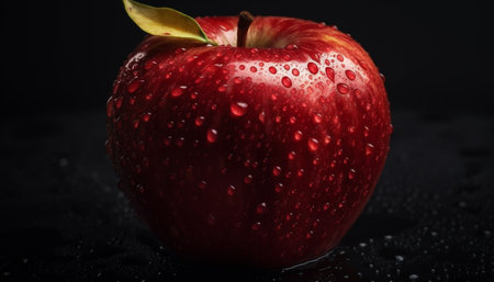 A single red apple with water drops on its surface, set against a dark background. The image is a macro shot, highlighting the details and texture of the apple.の写真素材
