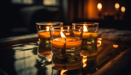 Three candles float on water in glass containers, their flames creating a warm, peaceful atmosphere. The reflections of the candles and the surrounding dark environment make for a tranquil scene.の写真素材