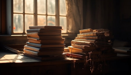Two stacks of old books on a wooden surface by the window. One is in the sunlight and the other in...