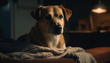A close-up portrait of a brown dog resting on a blanket. The dog has its head tilted slightly, and it's looking at something off-camera. The background is blurred, creating a soft and peaceful atmosphere.の写真素材