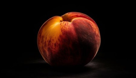 A close-up shot of a ripe peach isolated on a black background.の写真素材