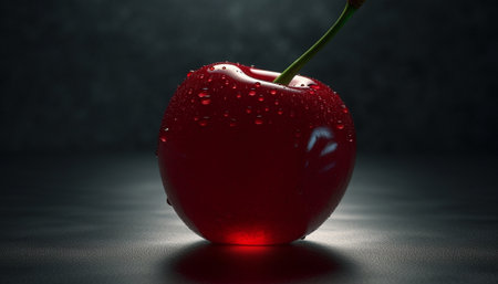 A single, ripe cherry with water droplets on its surface, captured in a close-up shot against a dark...