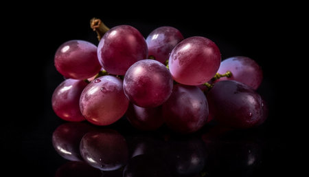 A cluster of red grapes on a black background, showing their glistening surfaces and vibrant color.の写真素材