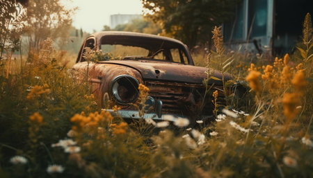 A rusty vintage car sits abandoned in a field of tall green grass and yellow flowers.の写真素材