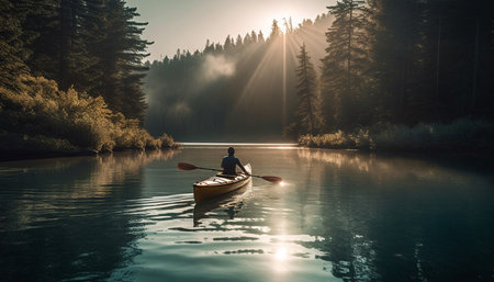 A solitary kayaker glides across a serene lake surrounded by a dense forest, bathed in the golden light of sunrise.の写真素材