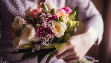 A close-up photo of a woman holding a beautiful bouquet of flowers, showing the vibrant colors and delicate petals of the roses and other blooms. The image evokes a sense of love, romance, and celebration.の写真素材