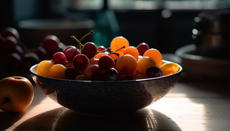 A close-up of a bowl filled with various fresh fruit. The bowl is made of dark ceramic and is sitting on a wooden table. The fruit is lit by a warm, natural light, highlighting the vibrant colors and textures of the fruit.の写真素材