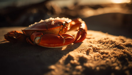 A close-up image of a crab on a sandy beach, illuminated by warm, golden sunset light, with the crab's red shell and claws highlighted against the background of the soft, textured sand.の写真素材