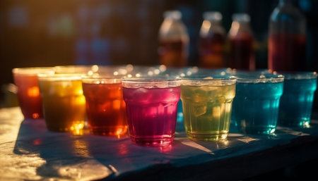 A close-up shot of colorful drinks on a table, perfect for a party or gathering.の写真素材