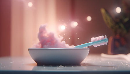 A toothbrush is in a bowl with foam emerging. The foam is pink and the toothbrush is light blue.