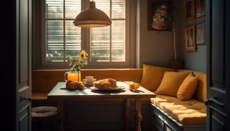 A bright and cozy breakfast nook with a wooden table, yellow cushions, and a window letting in natural sunlight.の写真素材