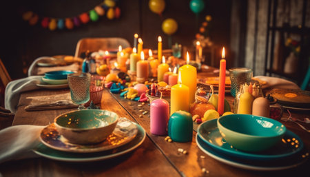 Close-up view of a beautifully decorated table setting with colorful candles and decorations. The...