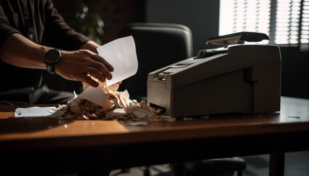 A man in a black shirt sits at a desk in an office setting, frustrated with his printer, crumpling a piece of paper in his hands. The paper on the desk is scattered around a printer on a wood desk with sunlight shining onto it.の写真素材