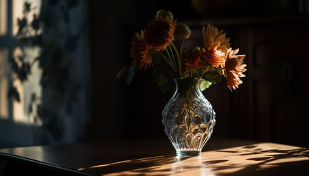 A bouquet of orange flowers arranged in a clear glass vase sits on a wooden table. The sunlight casts a warm glow on the flowers and the vase. The image is a still life composition with a minimalist aesthetic.の写真素材