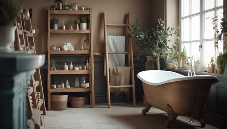 A stylish bathroom with a wooden bathtub and shelving unit, featuring a modern minimalist design with natural elements for a relaxing and spa-like atmosphere.の写真素材