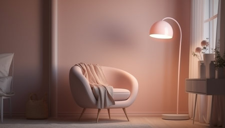 A cozy living room with a pink armchair and floor lamp. The room is decorated with soft lighting and minimal furniture.の写真素材