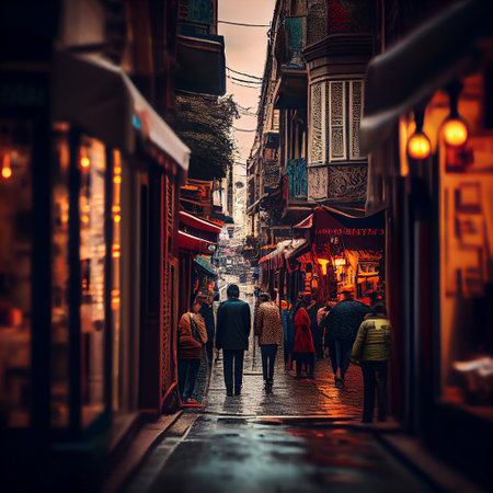 A view of a narrow street in a city with people walking. Buildings line both sides of the street, and the lights of the shops and stores create a warm glow.の写真素材