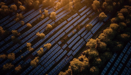 An aerial view of a solar panel farm surrounded by a lush forest. The image captures the beauty of...