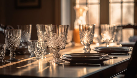 A table setting with crystal glasses and plates, reflecting sunlight. The elegant glassware and decor create a refined atmosphere for a formal dining occasion.の写真素材