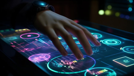 A hand interacting with a futuristic digital interface, showcasing advanced technology and...