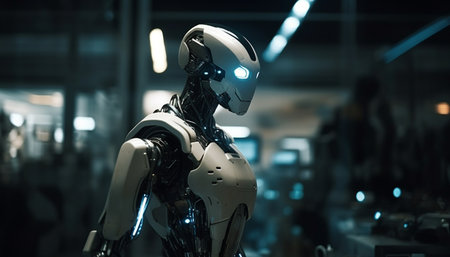 A close-up of a white humanoid robot with blue glowing eyes, standing in a blurred futuristic...
