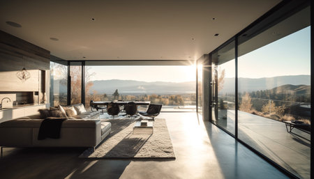 A modern living room with large windows showing a breathtaking mountain view during the day.の写真素材