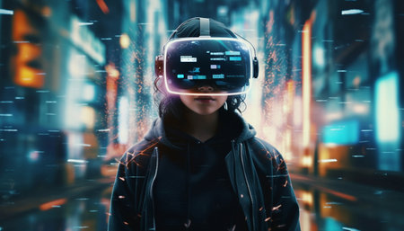 A person wearing a VR headset standing in a futuristic city.の写真素材