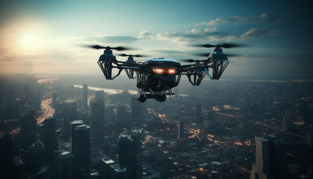 A drone flies high above a city at sunset, capturing the urban landscape with its camera.の写真素材
