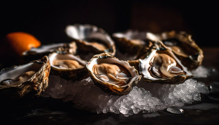 A close up of fresh oysters on a bed of ice, ready to be enjoyed.
