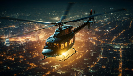 A helicopter flies over a city at night, with lights illuminating the urban landscape.の写真素材