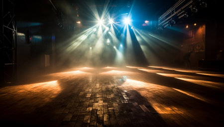 A dark stage with spotlights shining on the wooden floor, creating a dramatic and atmospheric ambiance.の写真素材