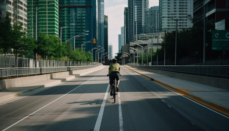 A lone cyclist rides down an empty city street, surrounded by towering skyscrapers.の写真素材