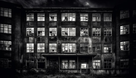 An abandoned building with broken windows and a dark facadeの写真素材