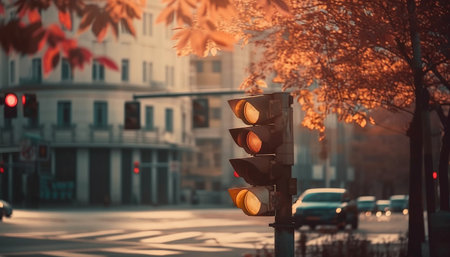 A traffic light stands on a city street in autumn, surrounded by trees and cars, during the daytime.の写真素材