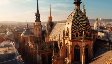 A scenic view of a cathedral during golden hour. The church is a beautiful example of gothic architecture and its towers, spiers, and intricate details are illuminated by the warm light of the setting sun.の写真素材