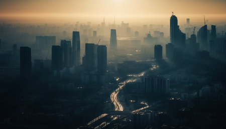 A panoramic view of a city at dawn, with tall buildings silhouetted against the golden light of the rising sun.の写真素材