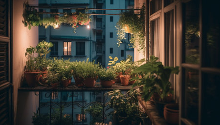 A balcony filled with potted plants, offering a green oasis in a bustling city setting.の写真素材