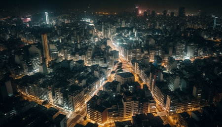 Aerial view of a city at night with illuminated buildings and streets.の写真素材