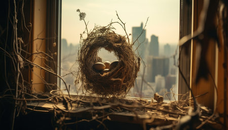 A bird's nest with eggs in a window overlooking a city.の写真素材