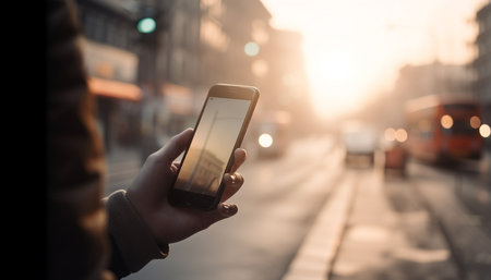 A person holding a smartphone in their hand, checking the screen, in a city street with blurry...
